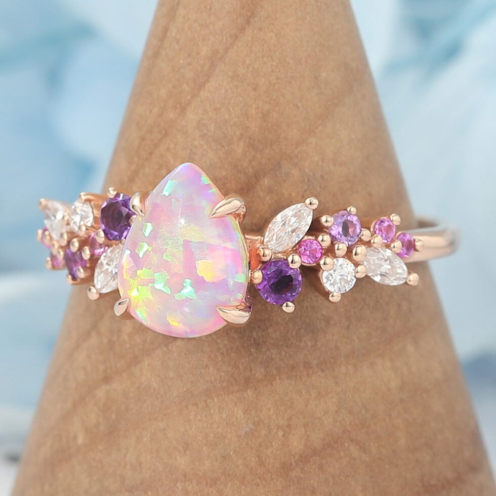 Pear Shaped Pink Opal Engagement Ring Multi-Stone Cluster Design