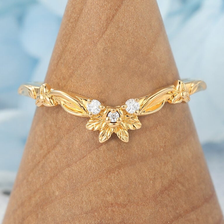 Petite Moissanite Wedding Band Nature-Inspired Curved Band