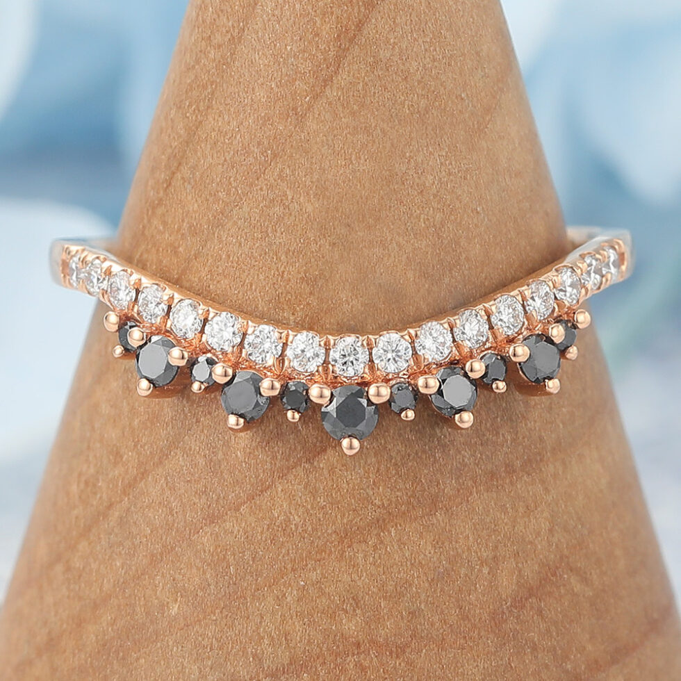 Rose Gold Curved Wedding Band Petite Black Onyx & Moissanite Accents