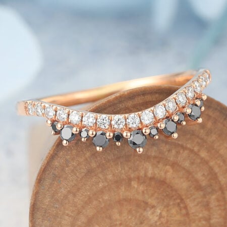 July birthstone Rose Gold Curved Wedding Band Petite Black Onyx & Moissanite Accents