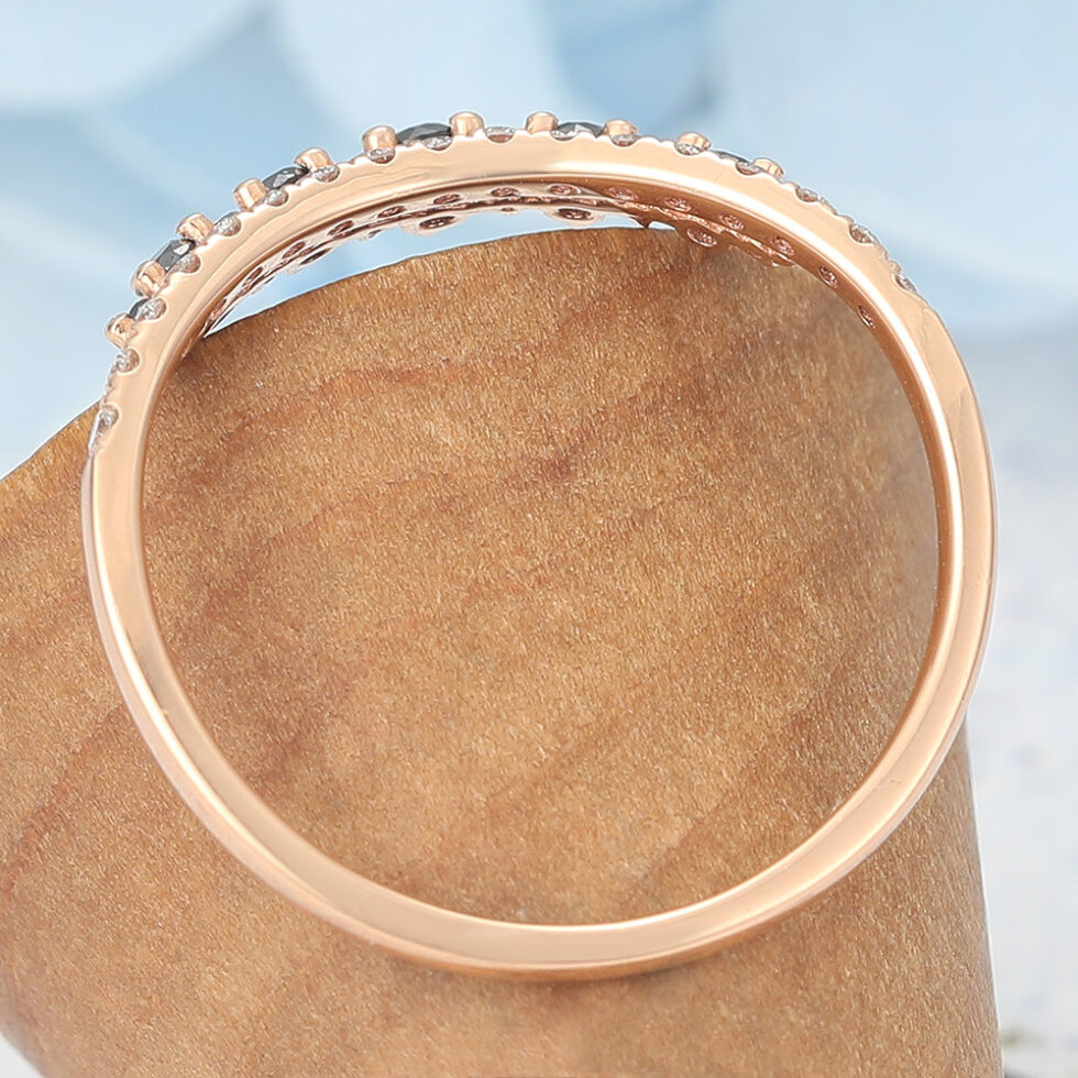 Rose Gold Curved Wedding Band Petite Black Onyx & Moissanite Accents