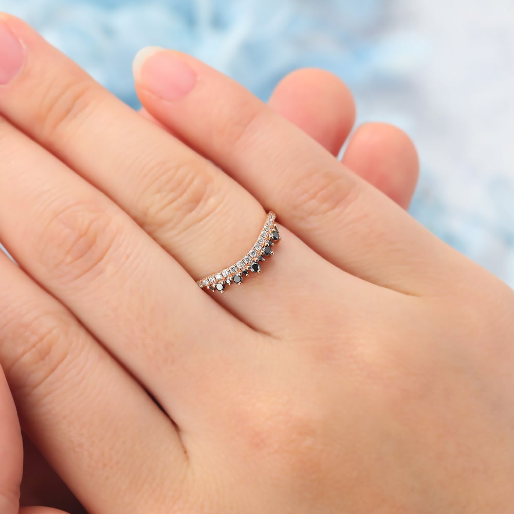 Rose Gold Curved Wedding Band Petite Black Onyx & Moissanite Accents