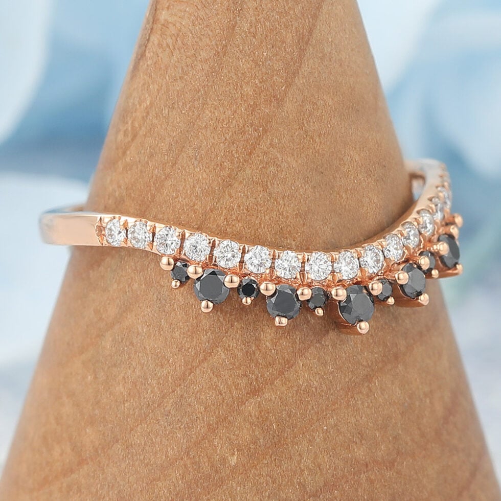 Rose Gold Curved Wedding Band Petite Black Onyx & Moissanite Accents