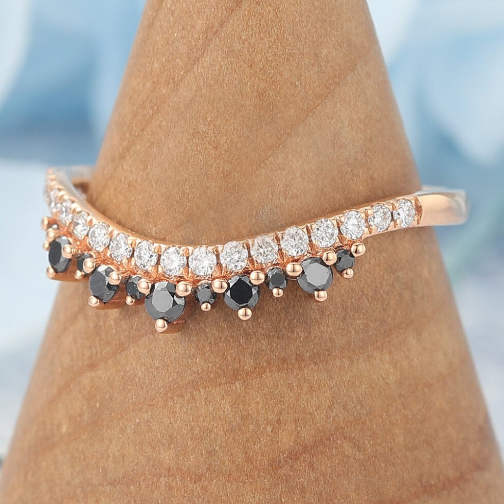 Rose Gold Curved Wedding Band Petite Black Onyx & Moissanite Accents