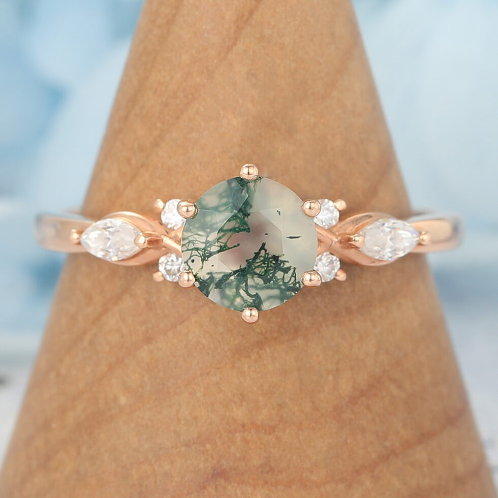 Round Cut Moss Agate Engagement Ring Split Shank Design