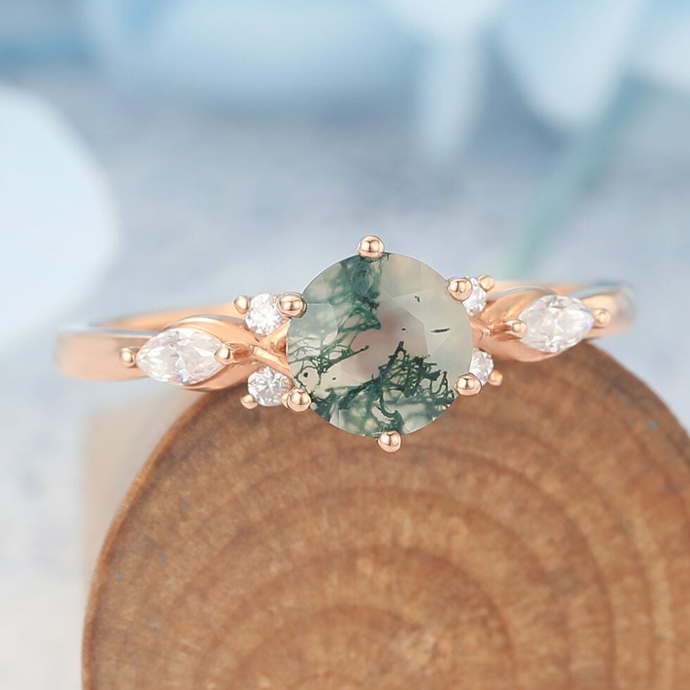 Round Cut Moss Agate Engagement Ring Split Shank Design