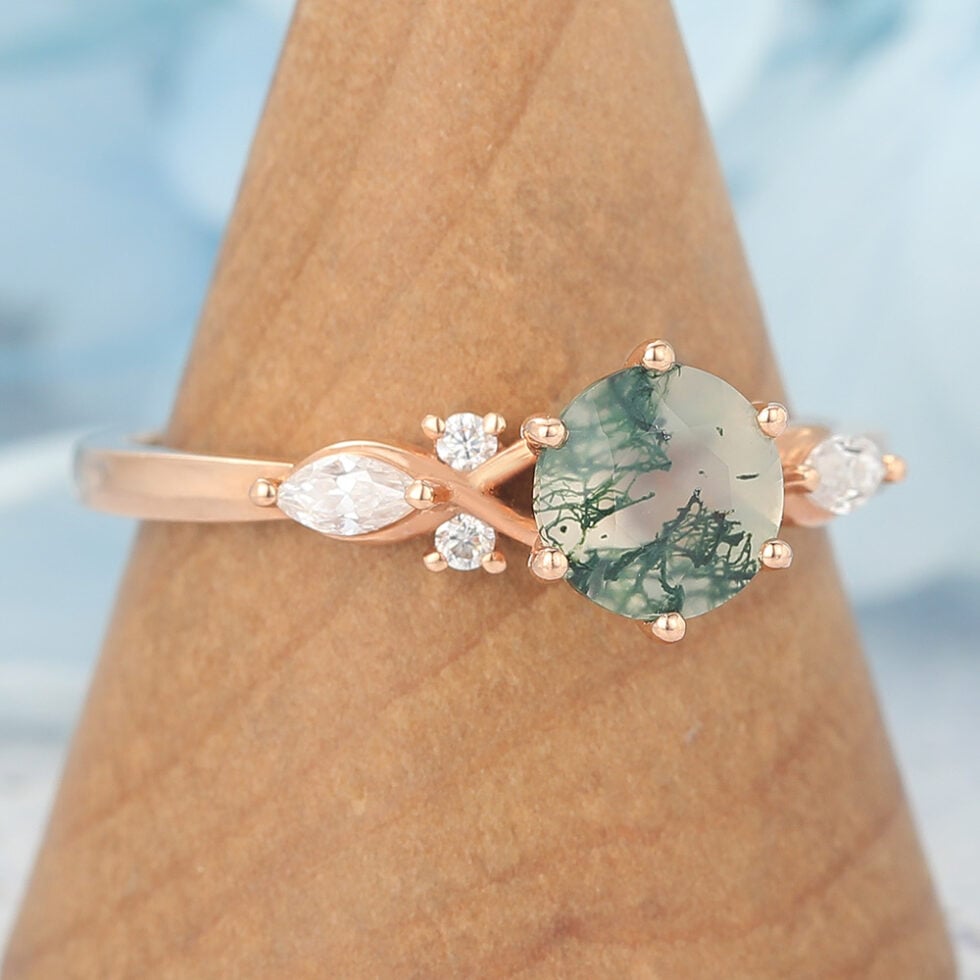 Round Cut Moss Agate Engagement Ring Split Shank Design