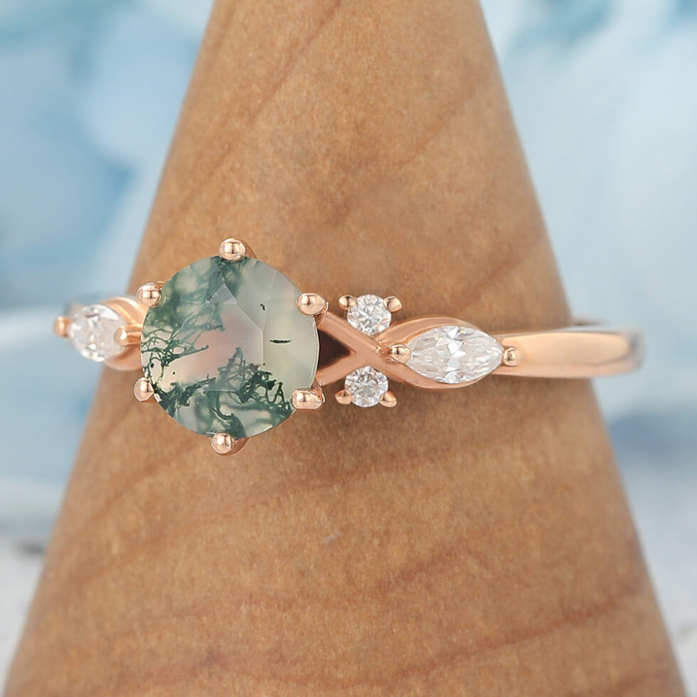 Round Cut Moss Agate Engagement Ring Split Shank Design