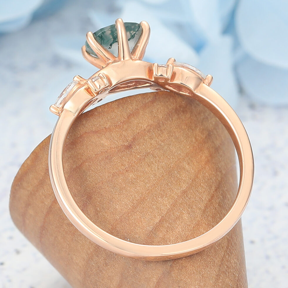 Round Cut Moss Agate Engagement Ring Split Shank Design