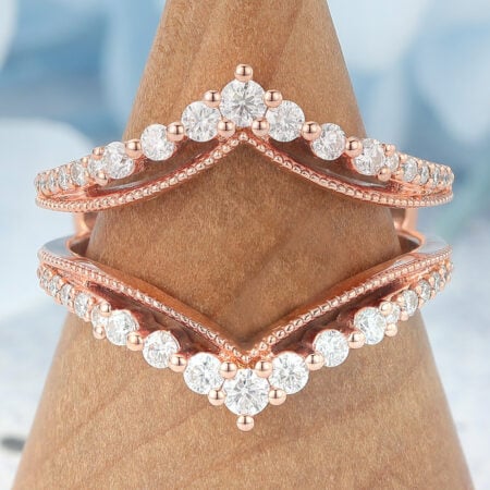 Round Moissanite Double Wedding Band Vintage Beaded Detail