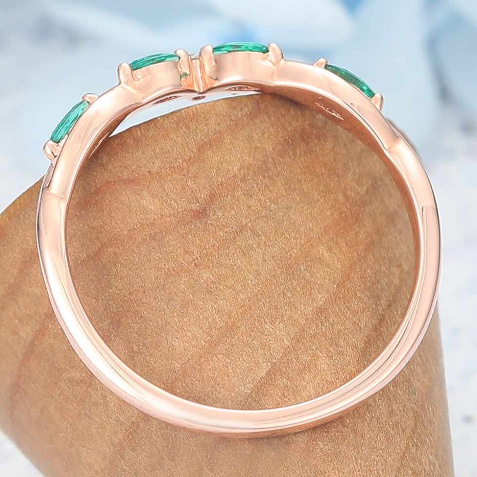 Twist Curved Wedding Band with Emerald & Diamond Accents