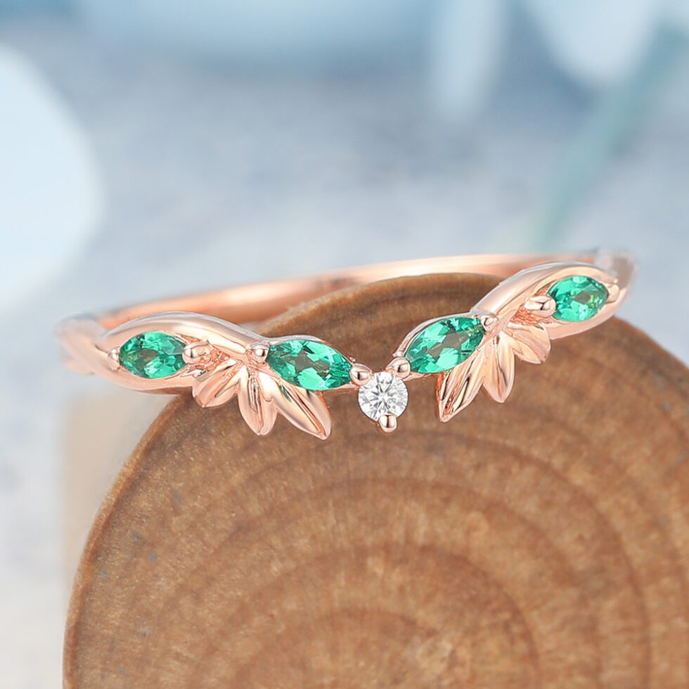 Twist Curved Wedding Band with Emerald & Diamond Accents