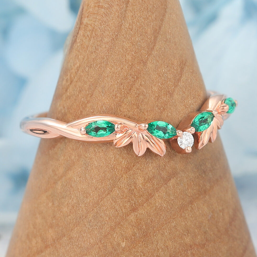 Twist Curved Wedding Band with Emerald & Diamond Accents