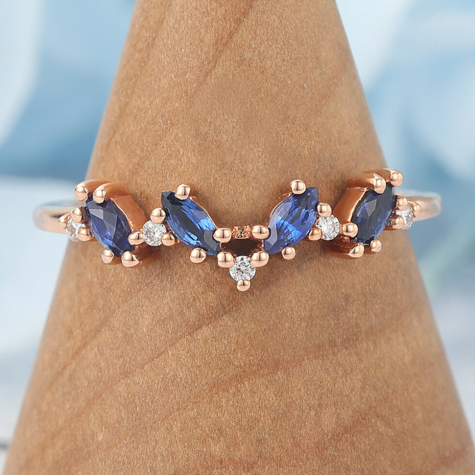 Marquise Sapphire Wedding Band with Petite Diamond Accents