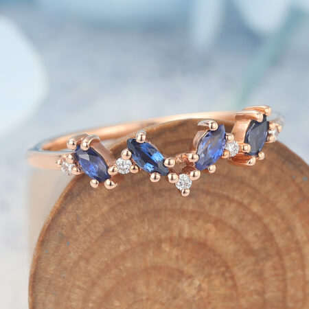 Virgo birthstone Marquise Sapphire Wedding Band with Petite Diamond Accents