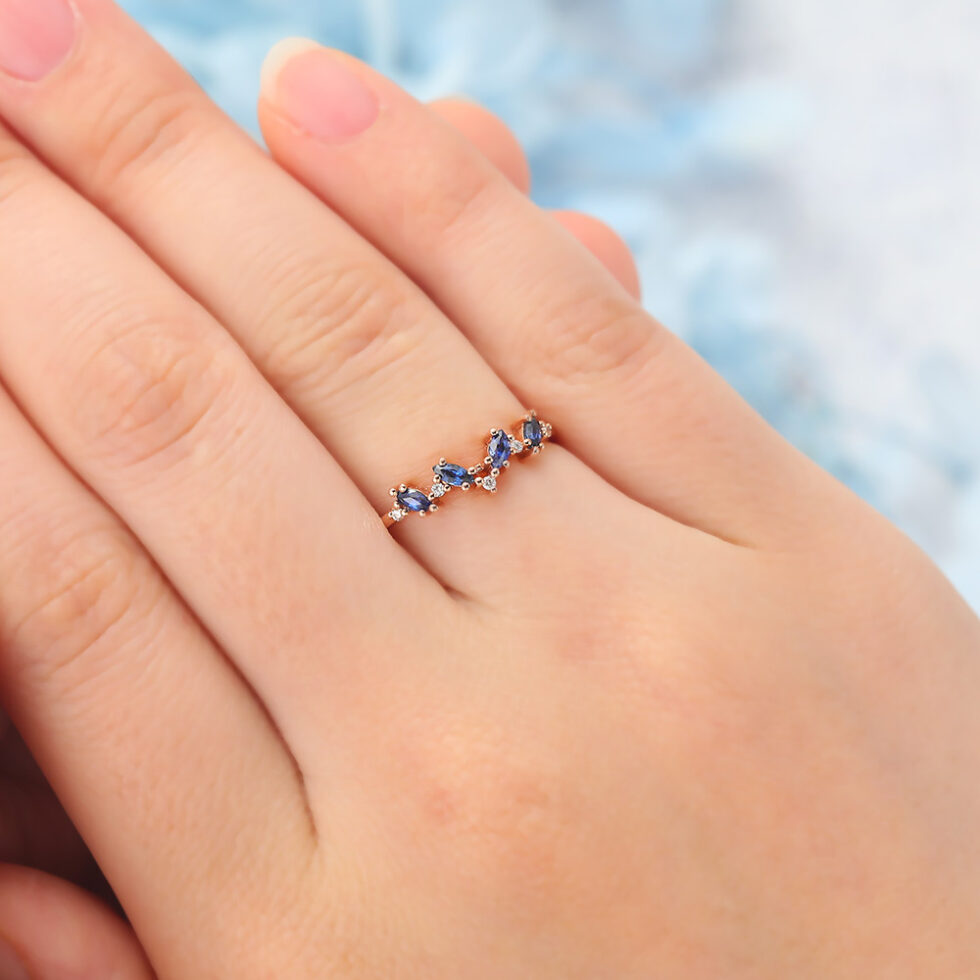 Marquise Sapphire Wedding Band with Petite Diamond Accents