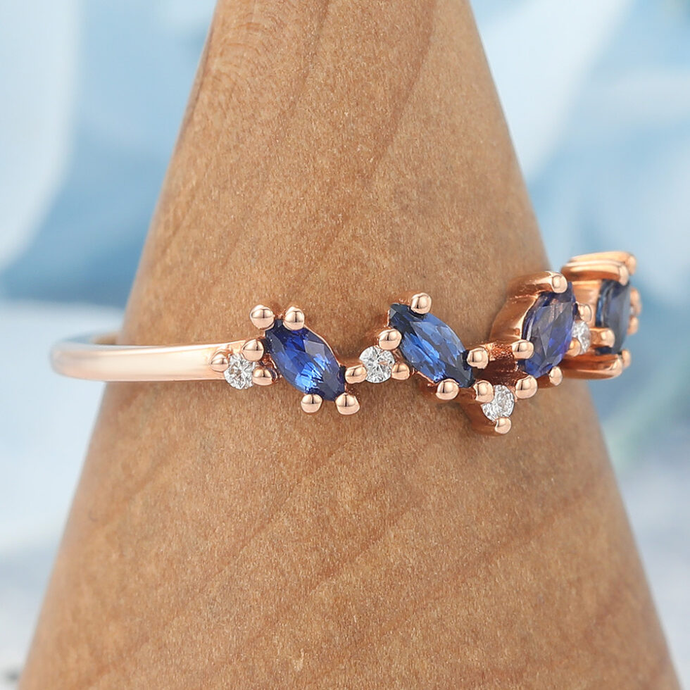 Marquise Sapphire Wedding Band with Petite Diamond Accents
