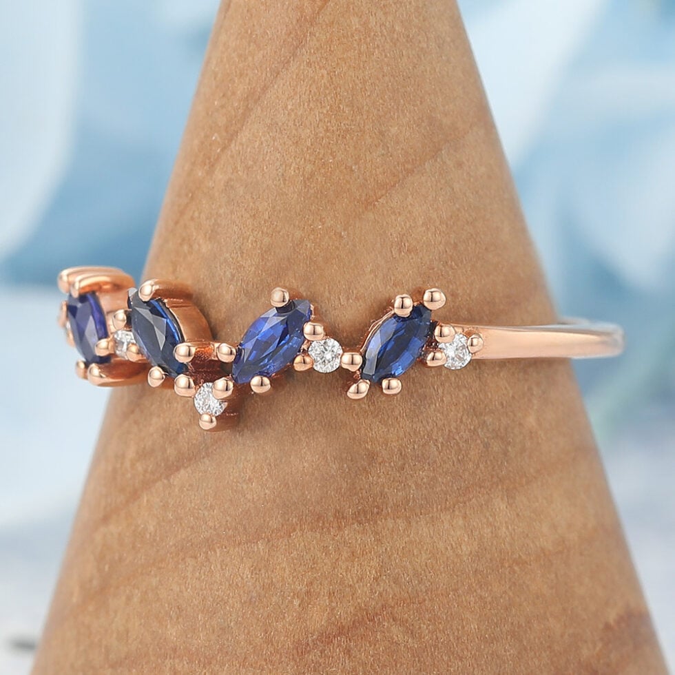 Marquise Sapphire Wedding Band with Petite Diamond Accents