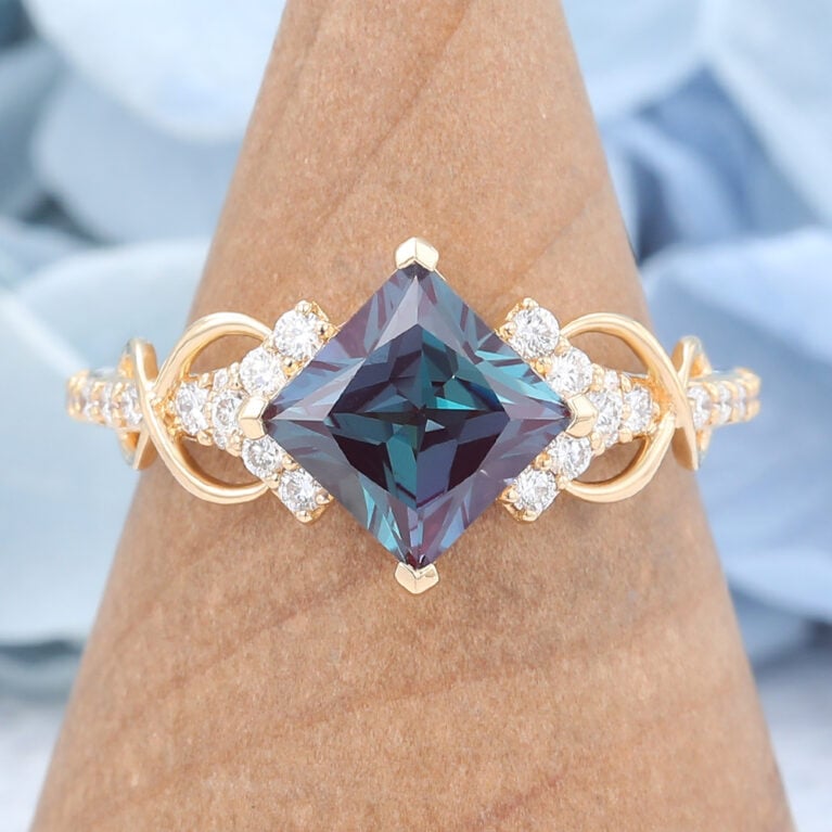 Princess Cut Alexandrite Engagement Ring Infinity Bridal Ring
