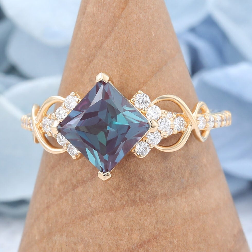 Princess Cut Alexandrite Engagement Ring Infinity Bridal Ring