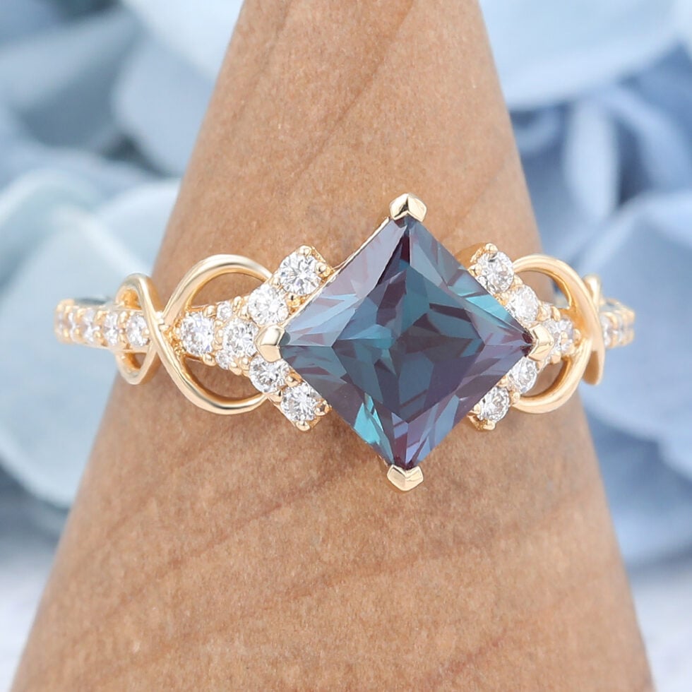 Princess Cut Alexandrite Engagement Ring Infinity Bridal Ring