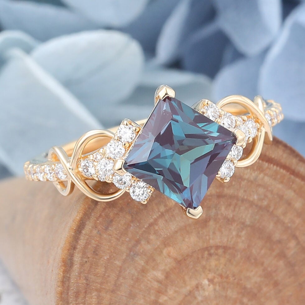 Can You Shower with Gold Jewelry Princess Cut Alexandrite Engagement Ring Infinity Bridal Ring