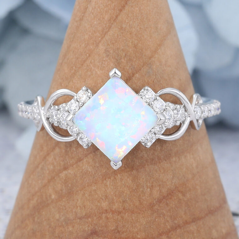Princess Cut Opal Engagement Ring Infinity Bridal Ring