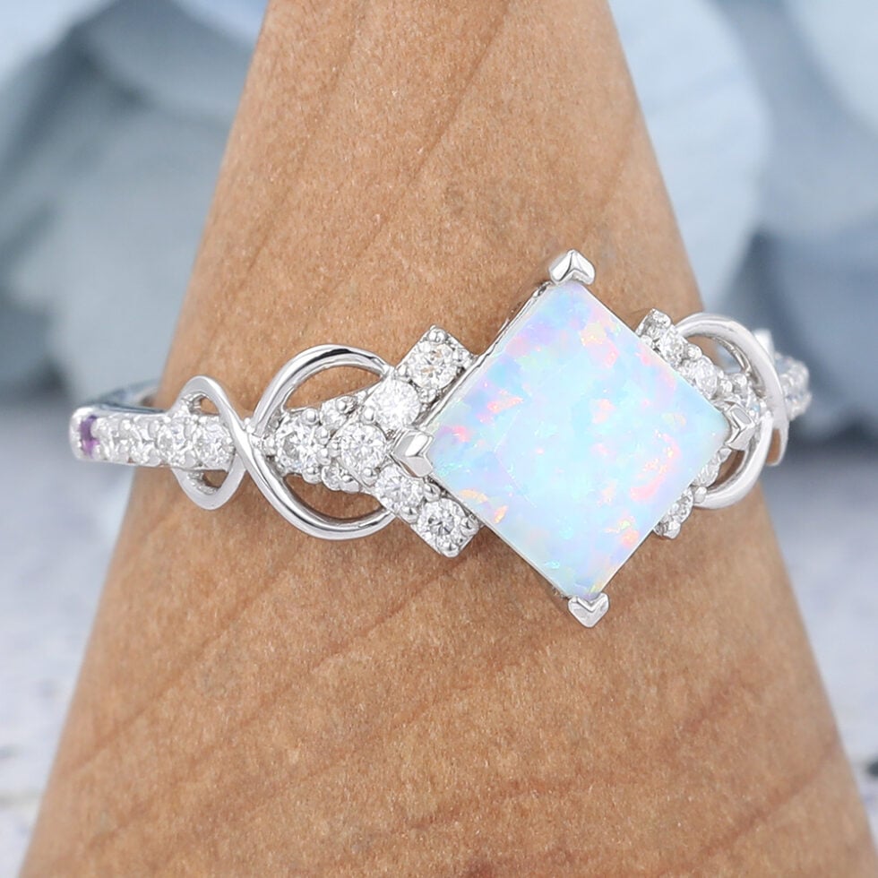 Princess Cut Opal Engagement Ring Infinity Bridal Ring