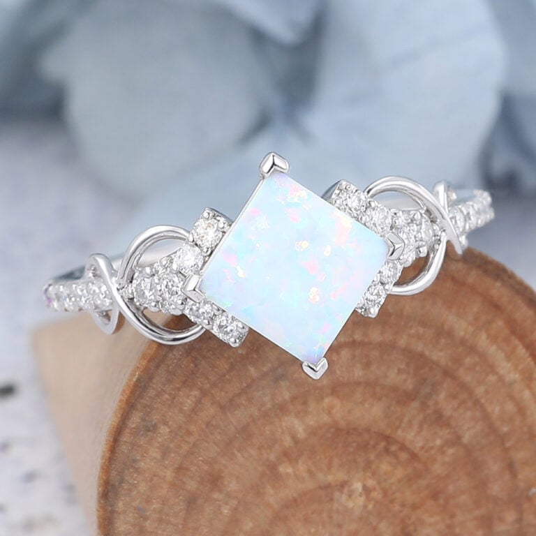 Princess Cut Opal Engagement Ring Infinity Bridal Ring