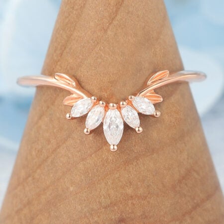 Curved Wedding Band with Marquise Moissanite Cluster & Leaf Details