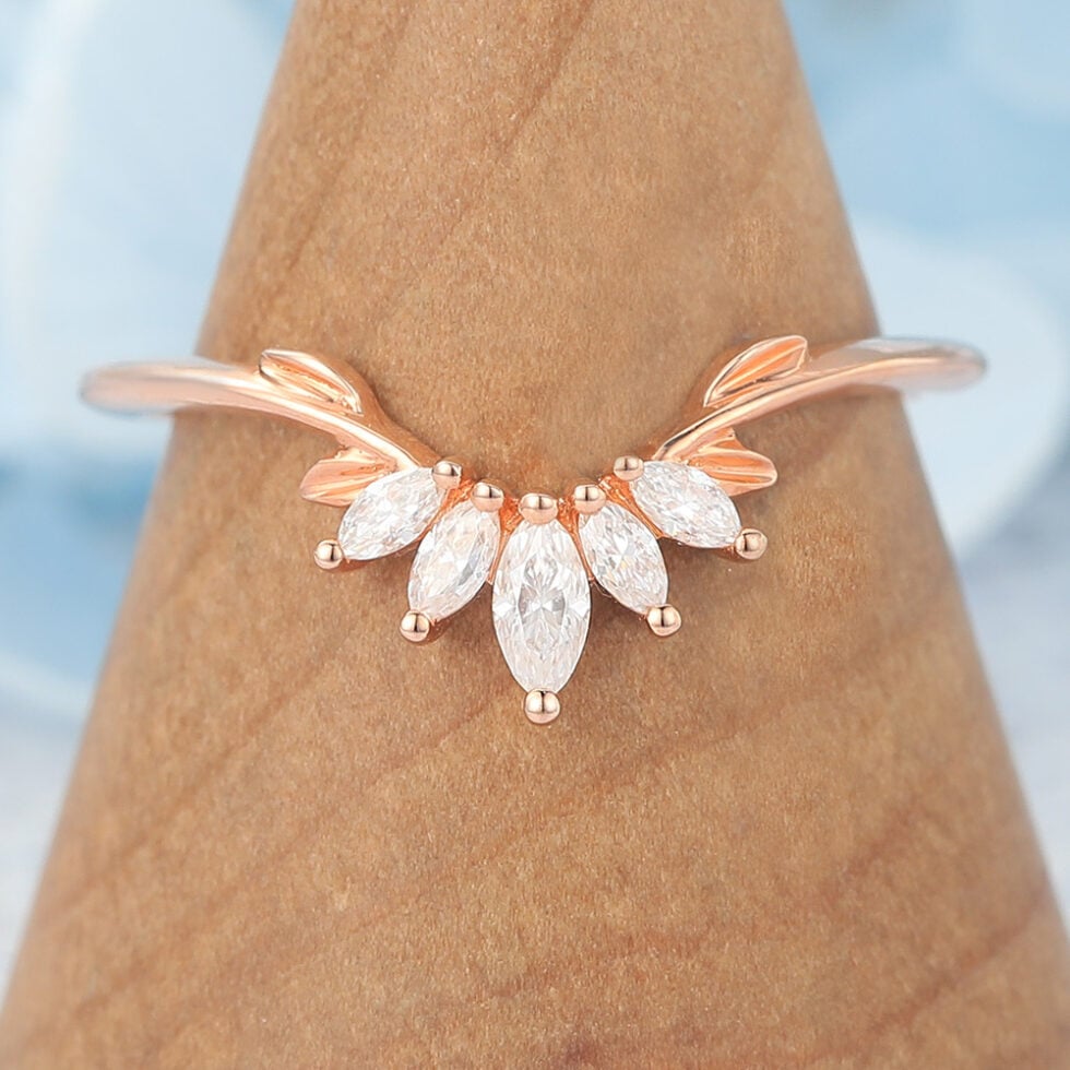 Can You Shower with Gold Jewelry Curved Wedding Band with Marquise Moissanite Cluster & Leaf Details