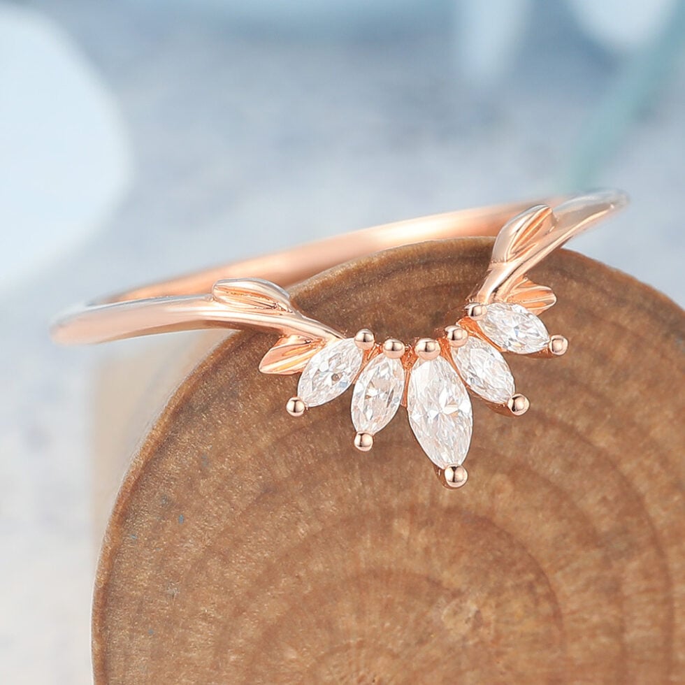 Curved Wedding Band with Marquise Moissanite Cluster & Leaf Details