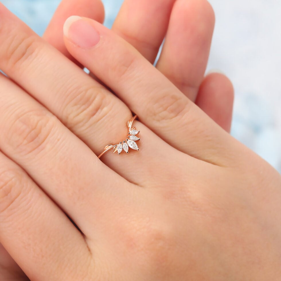 Curved Wedding Band with Marquise Moissanite Cluster & Leaf Details