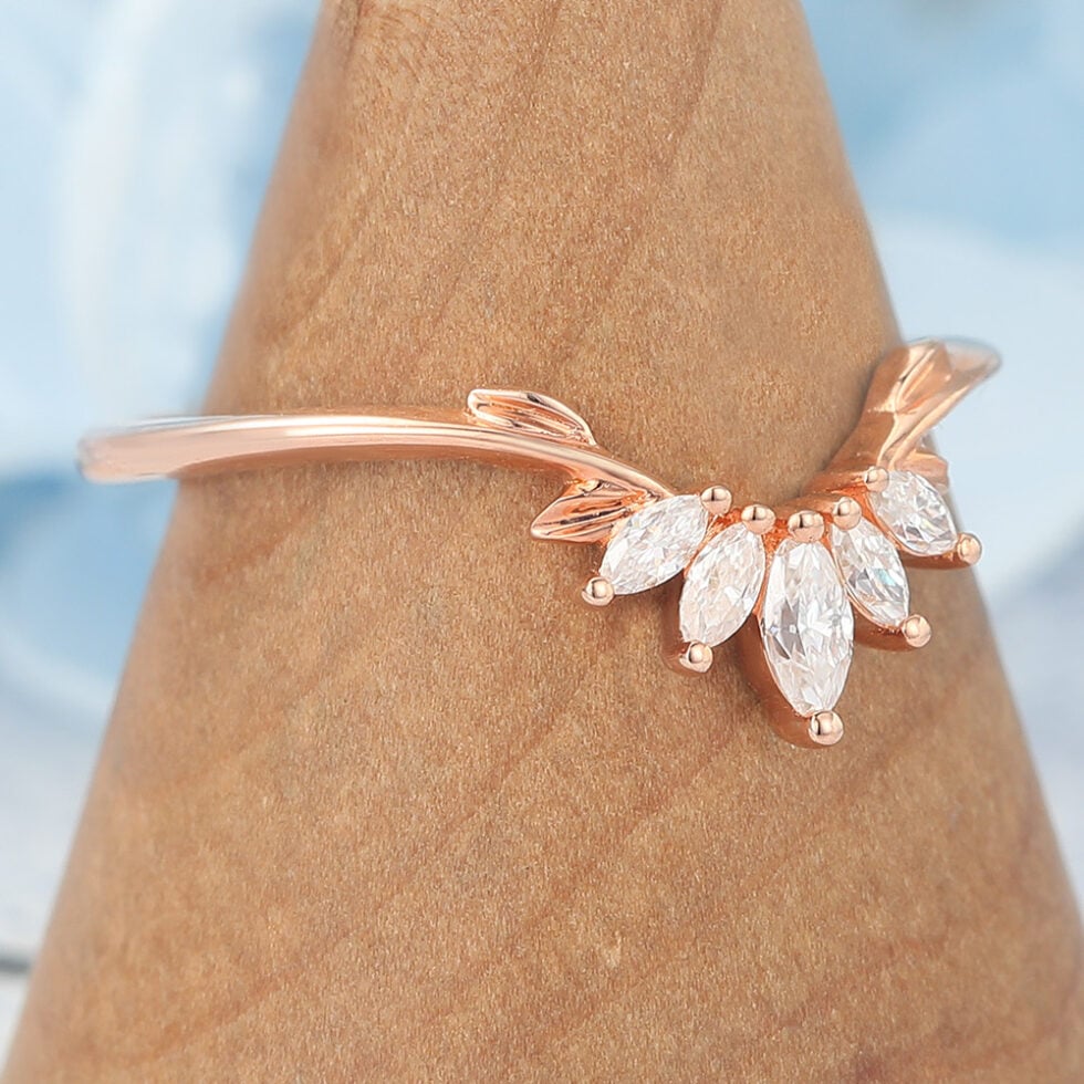 Curved Wedding Band with Marquise Moissanite Cluster & Leaf Details