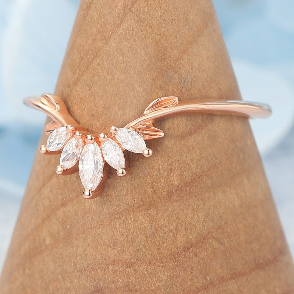 Curved Wedding Band with Marquise Moissanite Cluster & Leaf Details