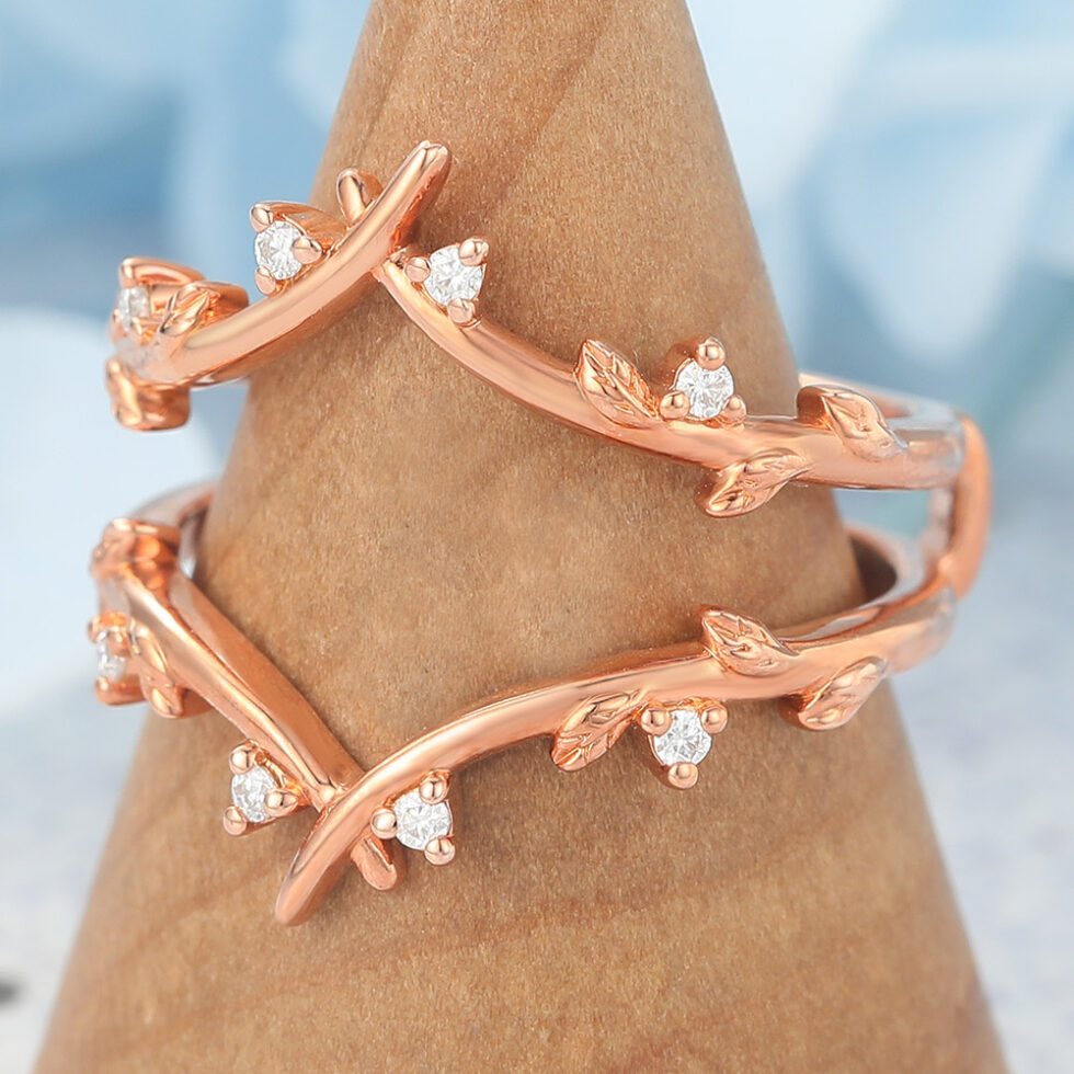 Vine-Inspired Moissanite Double Wedding Band Curved Enhancer