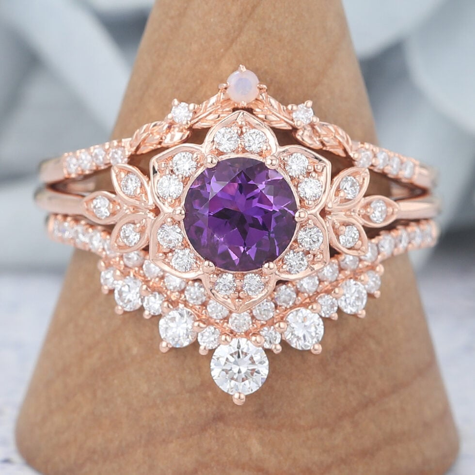 3PCS Round Cut Amethyst Engagement Ring Set Flowers-Inspired Ring Set