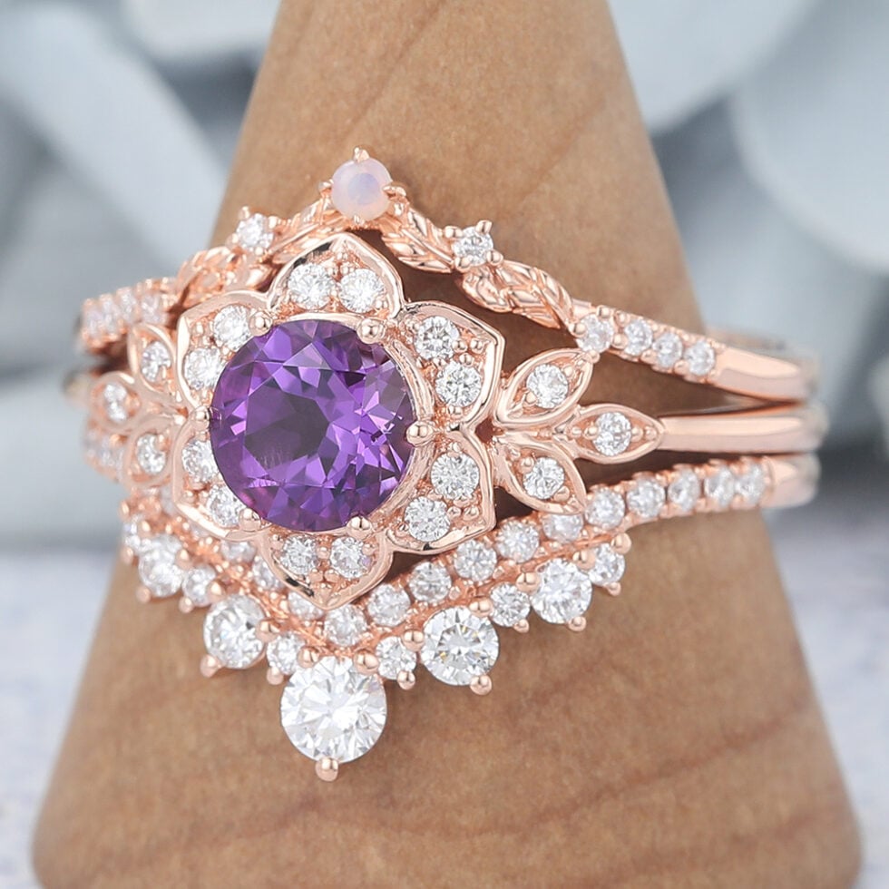 3PCS Round Cut Amethyst Engagement Ring Set Flowers-Inspired Ring Set