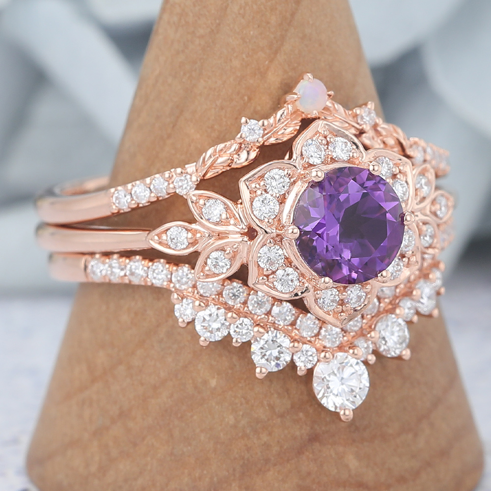 3PCS Round Cut Amethyst Engagement Ring Set Flowers-Inspired Ring Set (3) 3PCS Round Cut Amethyst Engagement Ring Set Flowers-Inspired Ring Set (3)