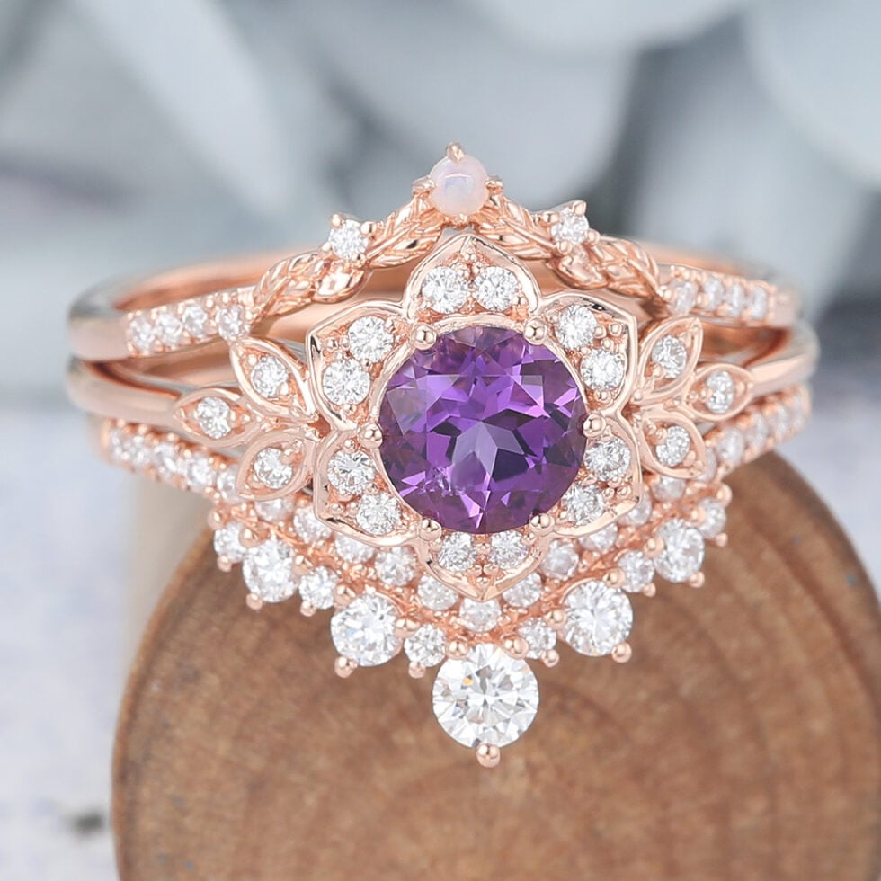 3PCS Round Cut Amethyst Engagement Ring Set Flowers-Inspired Ring Set