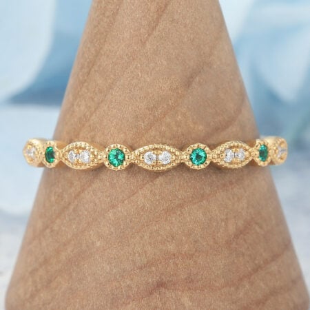 Alternating Emerald & Moissanite Half Eternity Wedding Band