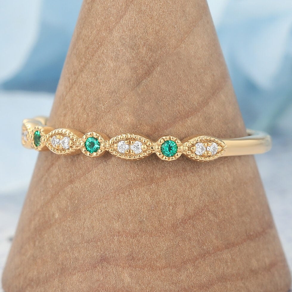 Alternating Emerald & Moissanite Half Eternity Wedding Band