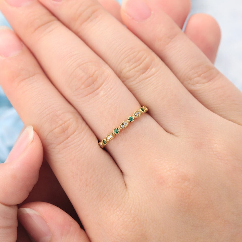 Alternating Emerald & Moissanite Half Eternity Wedding Band