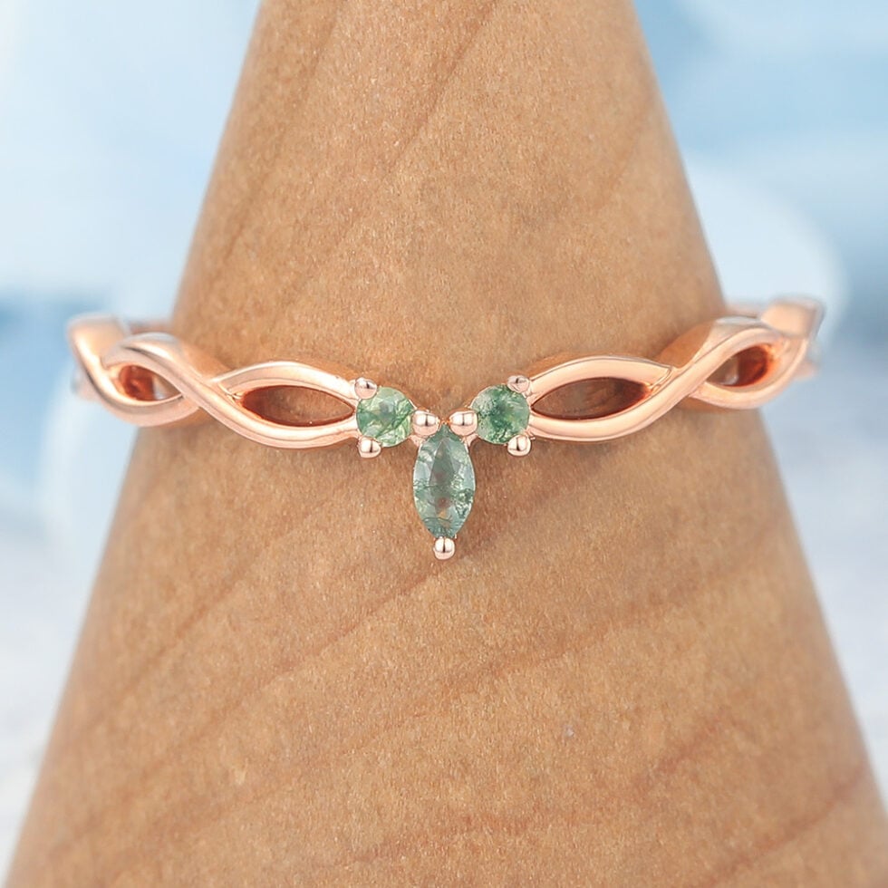 Braided Half Eternity Curved Wedding Band with Petite Moss Agate