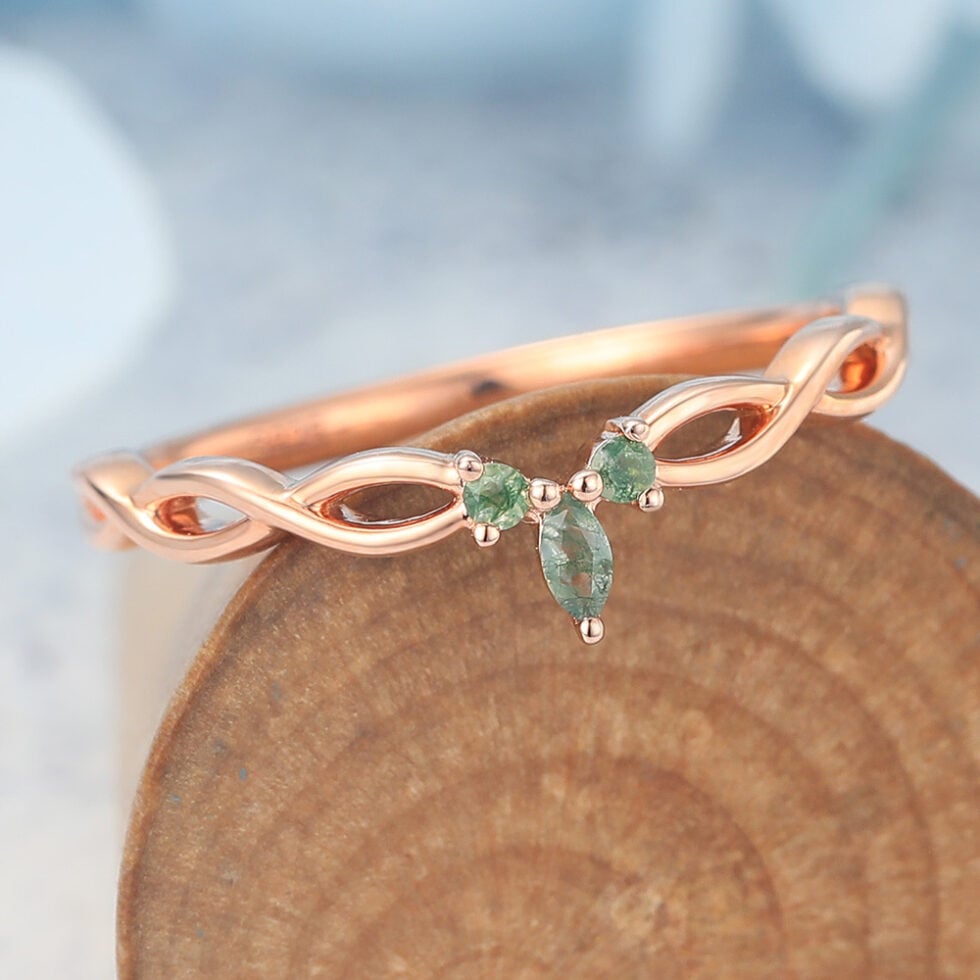 Braided Half Eternity Curved Wedding Band with Petite Moss Agate