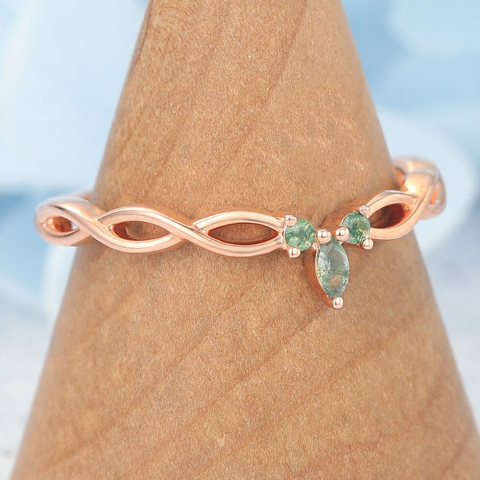 Braided Half Eternity Curved Wedding Band with Petite Moss Agate