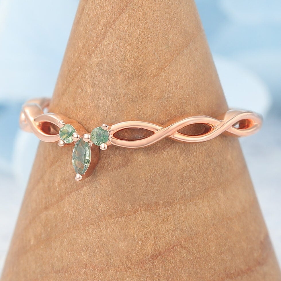 Braided Half Eternity Curved Wedding Band with Petite Moss Agate