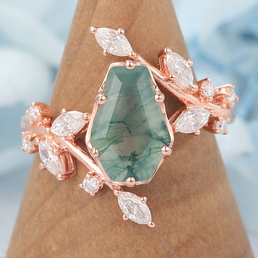 Coffin Shaped Moss Agate Engagement Ring Natural-Inspired Bypass Band