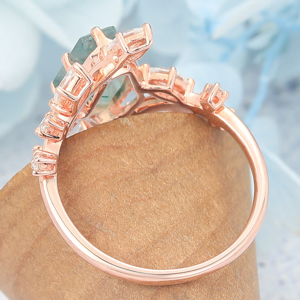 Coffin Shaped Moss Agate Engagement Ring Natural-Inspired Bypass Band