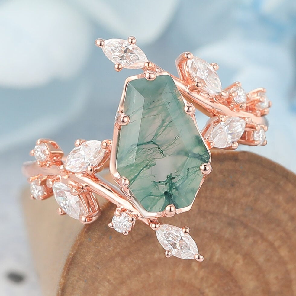 Coffin Shaped Moss Agate Engagement Ring Natural-Inspired Bypass Band